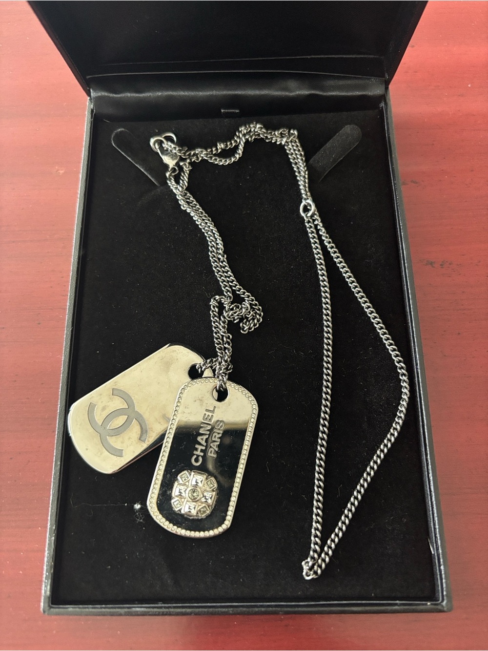 Authentic Chanel Strauss Double Dog Tag Pendant with white crystal stone accent